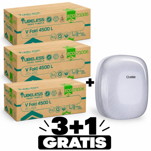 TUBELESS 4500L SKLADANÝ DO V 2 VRSTVA BIELY, RECYKLOVANÝ, 22X21CM, 20X225 LIST 4500 LISTOV + zásobník Zdarma